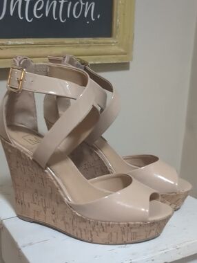 Material Girl Neutral Patent Peep-Toe Wedge Sandals - Women